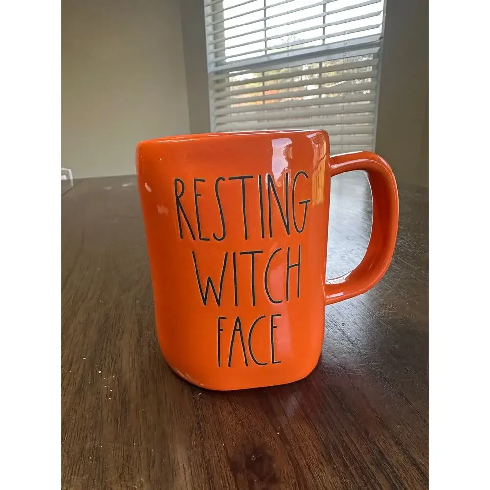 Rae Dunn RESTING WITCH FACE Halloween Mug Cup LL Witch Ceramic Orange Brand New